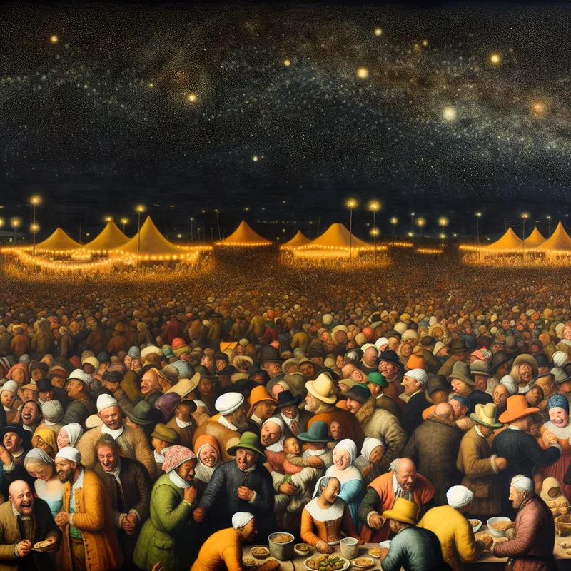 Een levendig festival met een grote menigte van ongeveer duizend mensen onder een sterrenhemel, die dansen en genieten van gerechten.