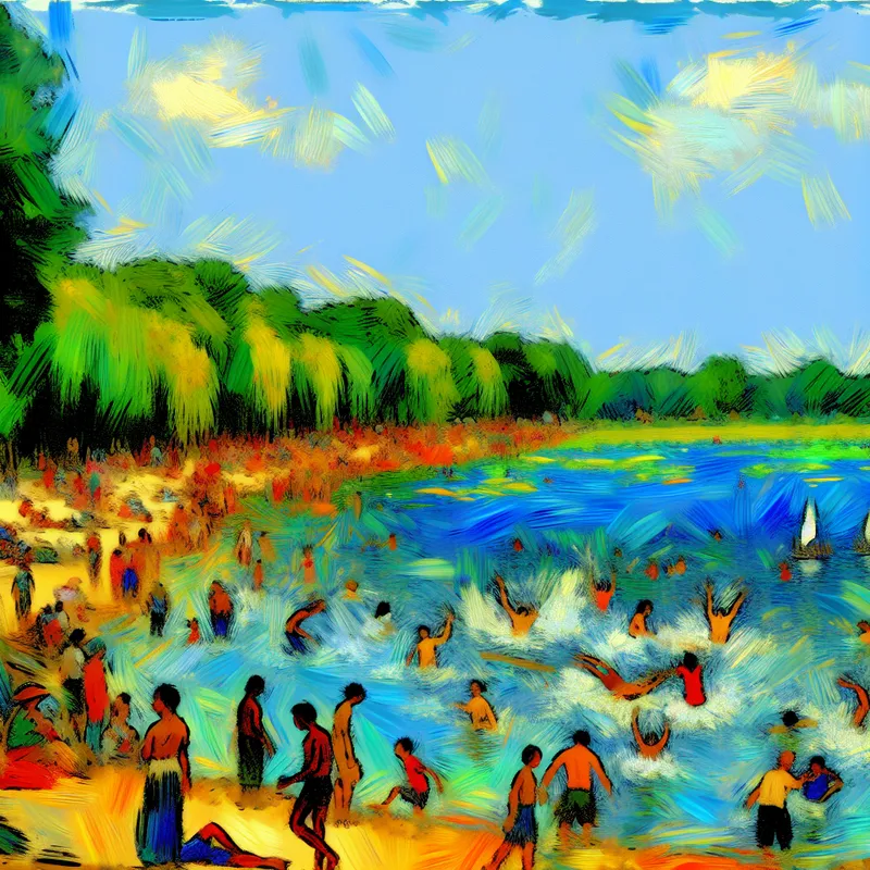 Een levendig park met een groot meer dat op de zee lijkt, mensen genieten van een zonnige dag met zwemmen en relaxen op de oever.