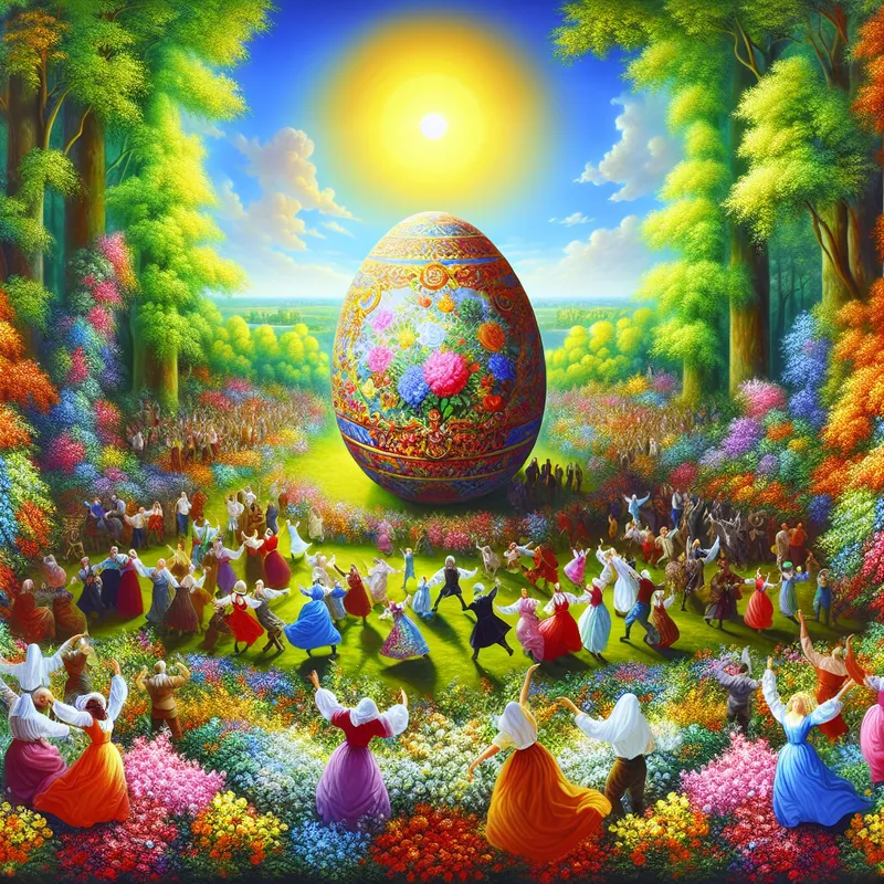 Groot, kleurrijk Pasen ei in een levendig lentelandschap, met feestvierende mensen en bloeiende bloemen.