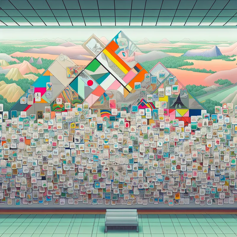 Een retro-futuristisch prikbord vol kleurrijke naambordjes en ansichtkaarten uit verschillende landen.