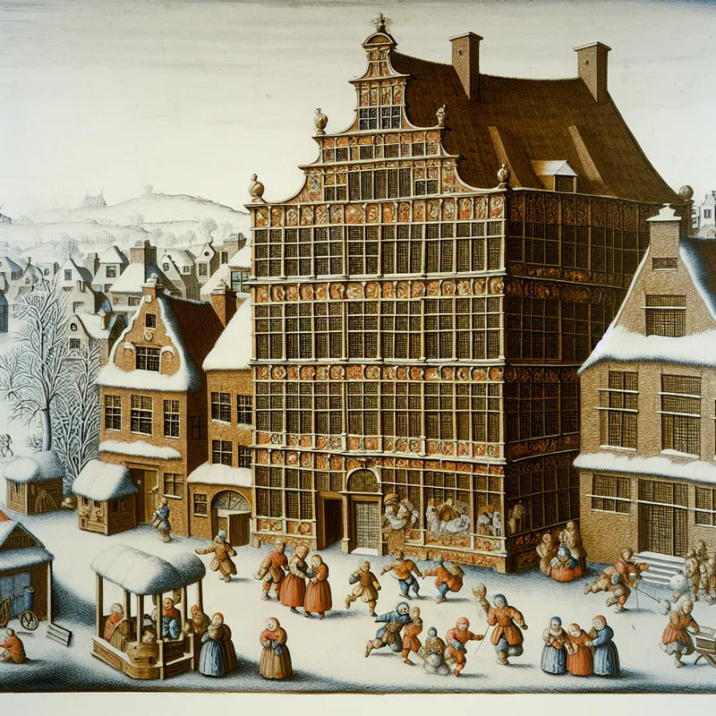 Grote vier verdiepingen tellend huis in een levendig winterdorp met mensen die schaatsen en spelen