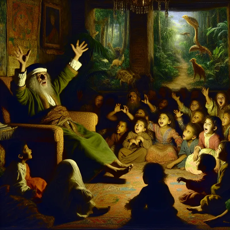 Een grootouder vertelt een verhaal aan kinderen in een gezellige woonkamer.