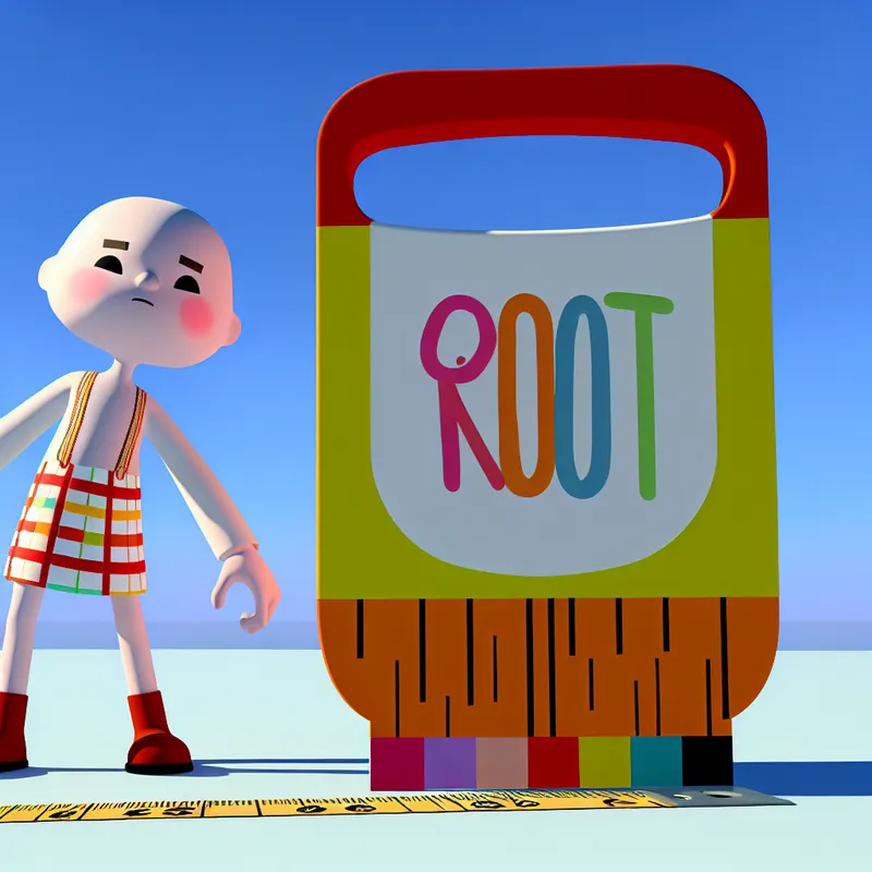 Een kindachtige figuur staat naast een grote meetlint op de grond en observeert nieuwsgierig de kleurrijke afmetingen erop.