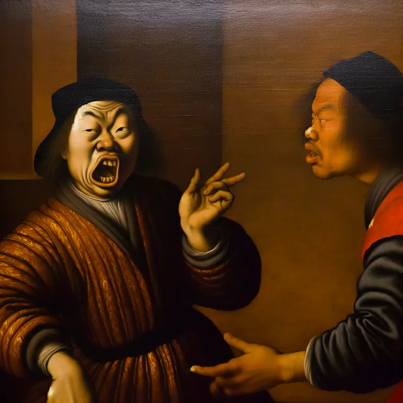 17e-eeuws Hollands genreschilderij van twee ruziënde figuren met een persoon die met een grote mond schreeuwt, symboliserend 'een grote bek'