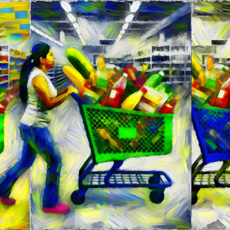 Vrouw in supermarkt met grote boodschappenkar vol levensmiddelen