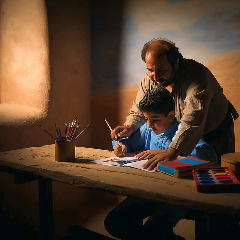 Een grote broer helpt zijn jongere broertje of zusje met huiswerk aan een houten tafel in een sfeervolle kamer.
