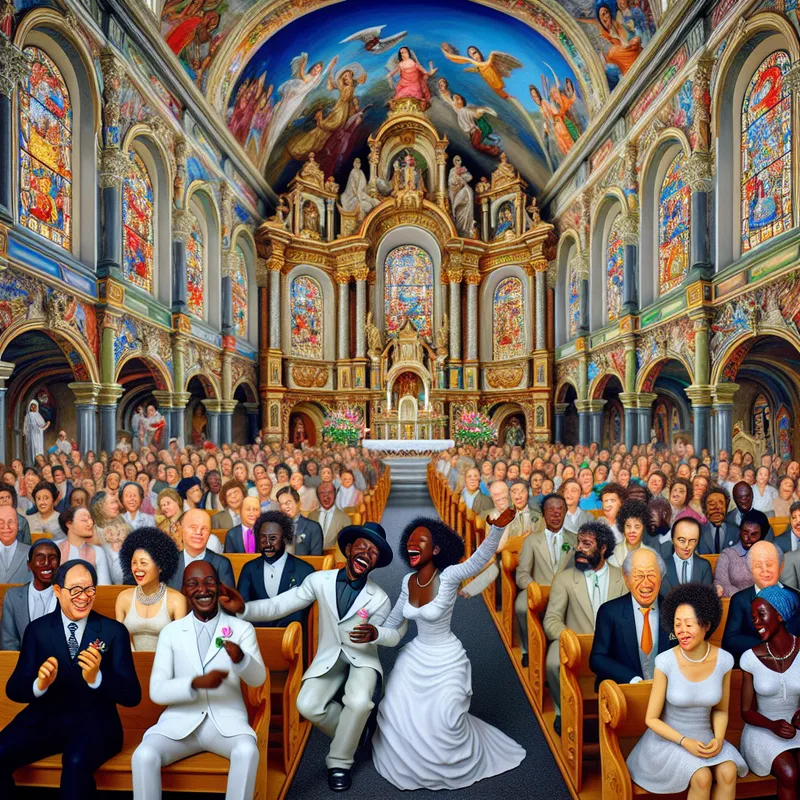 Een bruidspaar staat bij het altaar in een versierde kerk, omringd door feestelijke gasten.