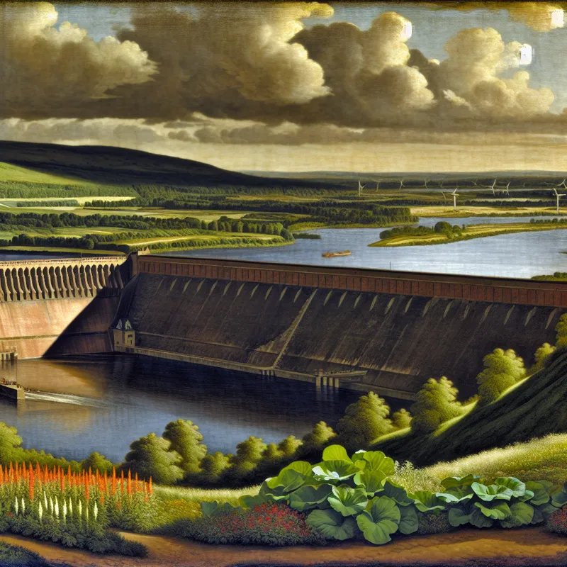 Een gedetailleerd uitzicht op een grote dam die een rivier beschermt tegen overstromingen, omringd door groene natuur en met majestueuze wolken aan de lucht.