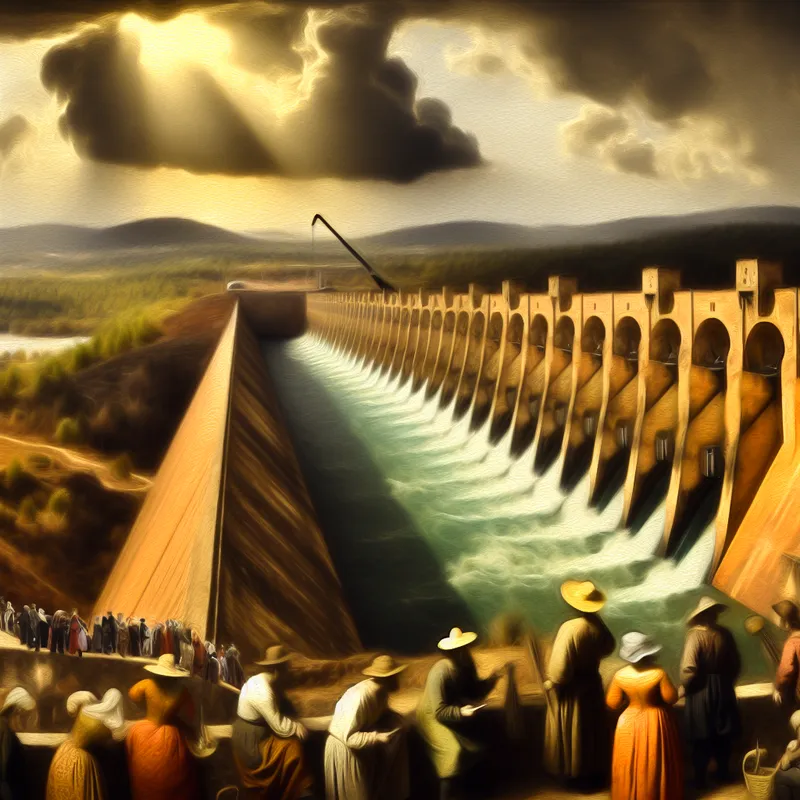 Dramatische afbeelding van een grote dam met sluizen in een serene landschap