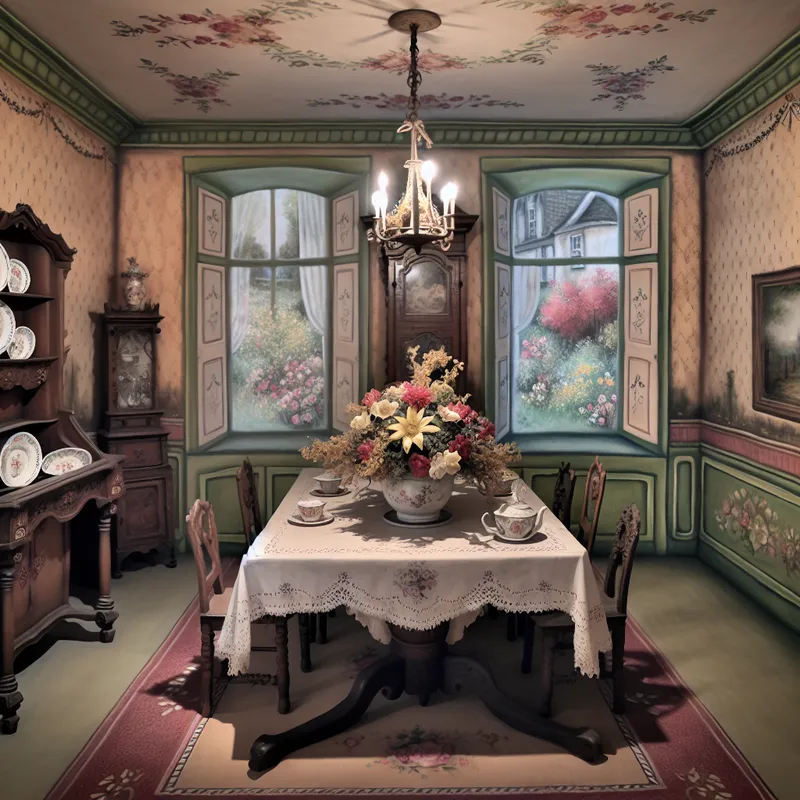 Een grote houten eettafel met een prachtig tafelkleed en fijn servies, omgeven door een gezellige vintage eetkamer met een bloemig middelpunt.