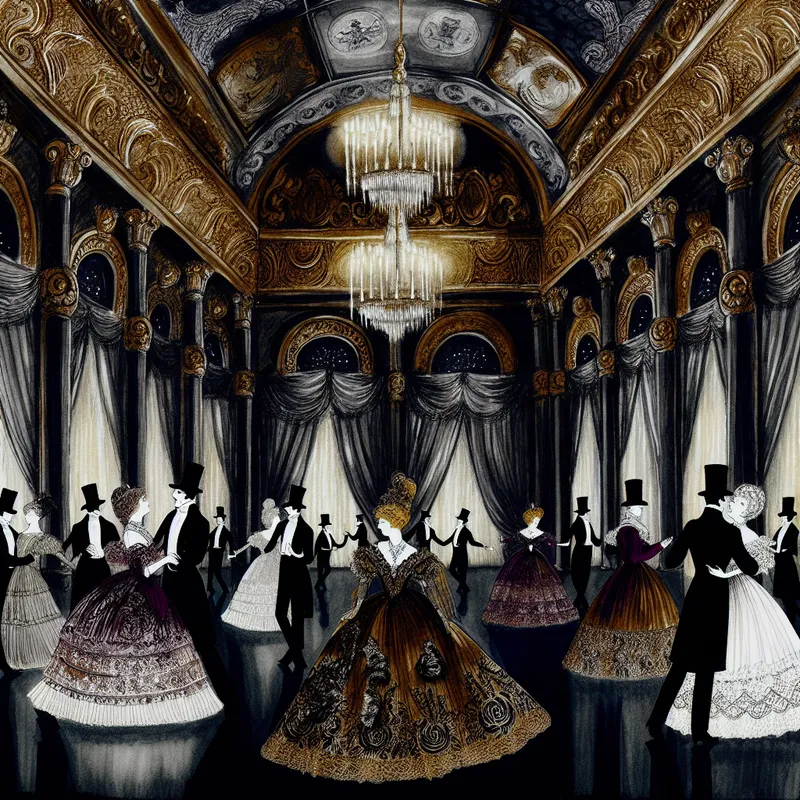 Grote formele dansavond in een weelderige, gotische balzaal met dansende stellen onder een dramatisch verlichte kroonluchter