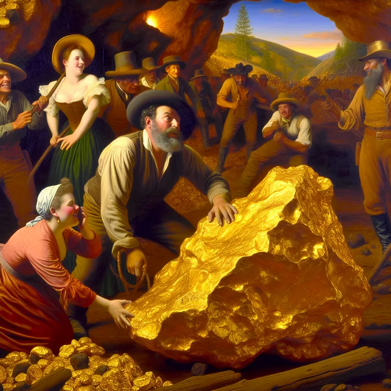 Een grote gouden goudklomp wordt ontdekt door opgewonden mijnwerkers in een levendige goudmijn.