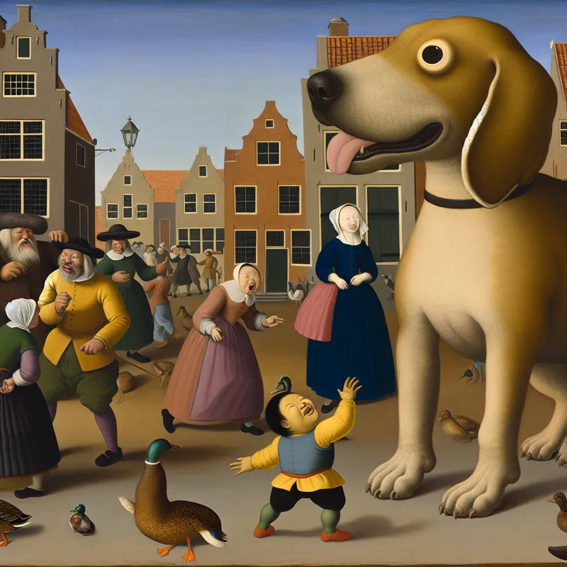 Een grote hond met een oversized hoofd staat trots in een charmante Nederlandse straat, omringd door lachende dorpsbewoners.