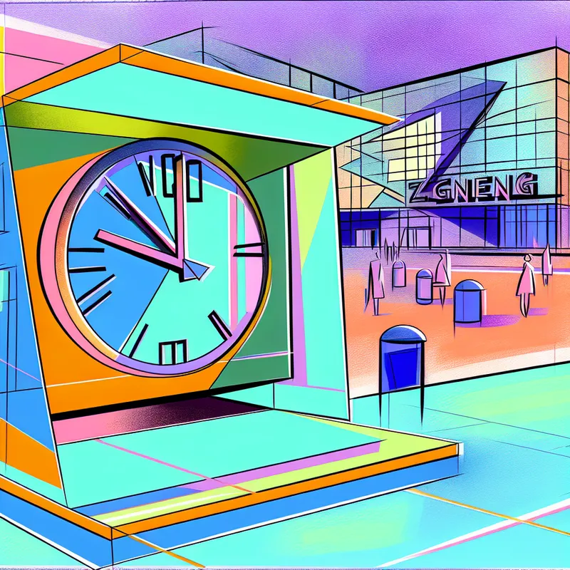 Een grote klokillustratie met uren van 10:00 uur tot 17:00 uur, omringd door geometrische vormen in retro-futuristische stijl.