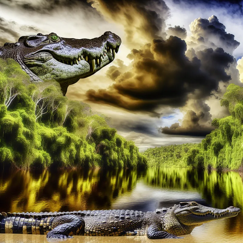 Grote krokodil die op de oever van een rivier ligt onder een dramatische lucht