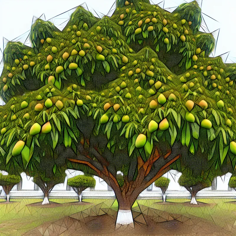 Grote mango boom met geometrische patronen in een surrealistisch tuinlandschap