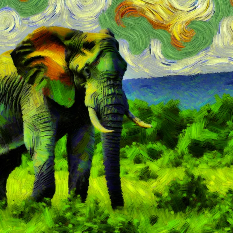 Majestueuze olifant in een groen landschap met een dynamische lucht in Van Goghs stijl