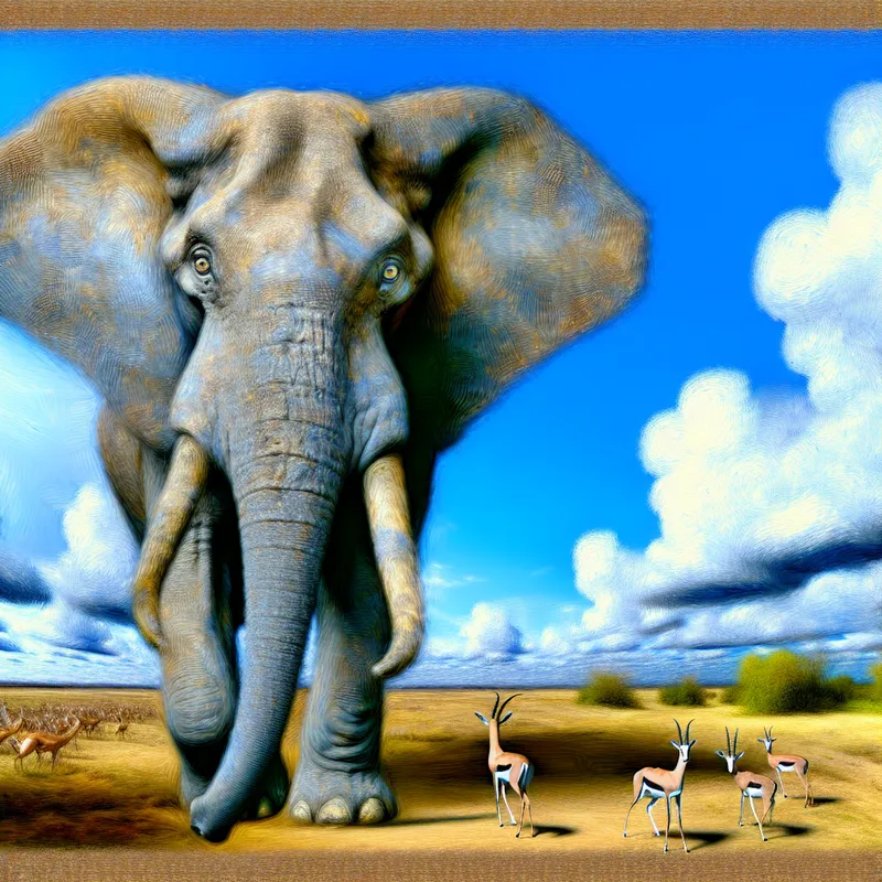 Schilderij van een grote olifant in een savanne in de stijl van Frans Hals