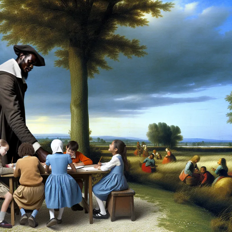 Een grote persoon helpt kleinere kinderen met hun huiswerk onder een boom, met een dramatische lucht op de achtergrond.