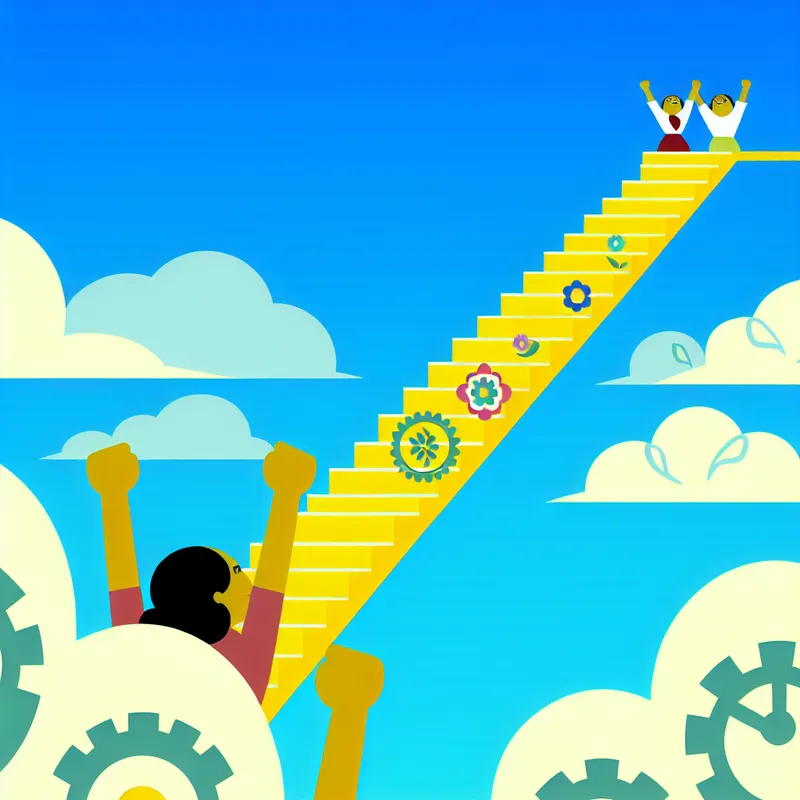 Kleurvolle illustratie van een grote trap die naar de wolken leidt, met een persoon die triomfantelijk boven aan de trap staat, omringd door bloemen en tandwielen, symbool voor groei en succes.
