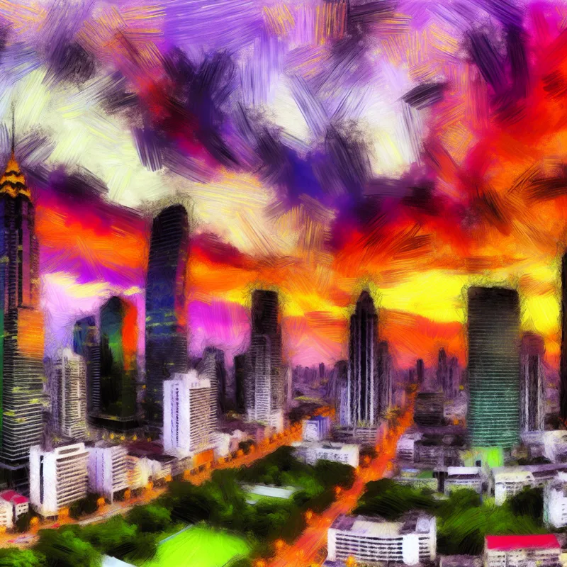 Panorama van een grootstedelijke skyline met torenhoge wolkenkrabbers tijdens zonsondergang, met reflecties van levendige kleuren in de ramen.