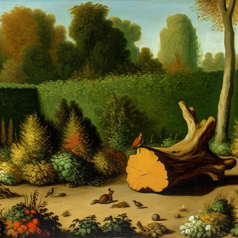 Een grote, zware stam in een levendige tuin met een nieuwsgierige eekhoorn en vogels die erop zitten.