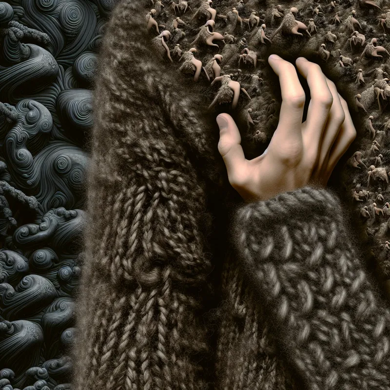 Dichtbij van handen die een dikke, grove wollen trui betasten met surrealistische details van kleine fantasiewezens in de vezels