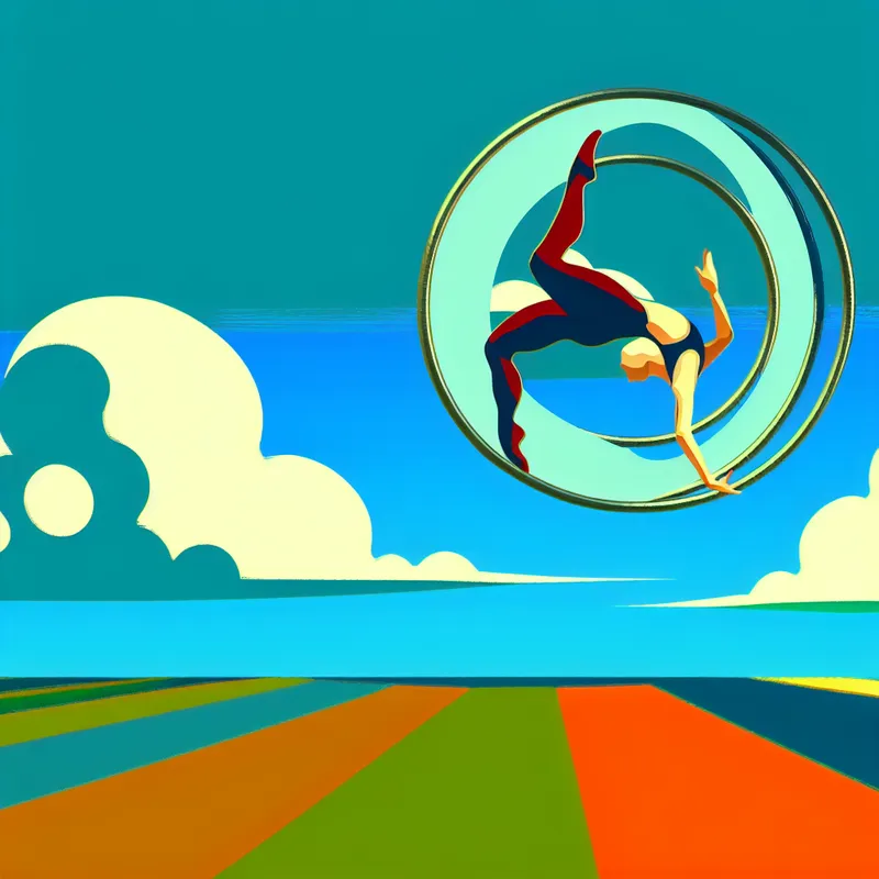 Een gymnast die een luchtige routine uitvoert in een cirkelvormige beweging boven een levendige retro-futuristische landschap.