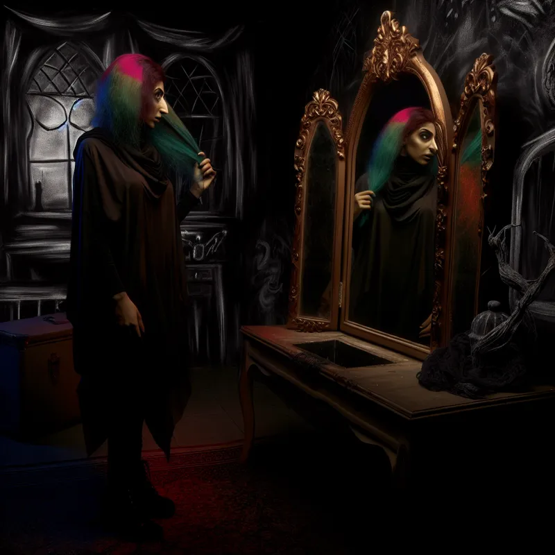 Persoon in een schemerig verlichte ruimte voor een grote, versierde spiegel, met de helft van hun haar in een felle kleur en de andere helft nog in de originele kleur