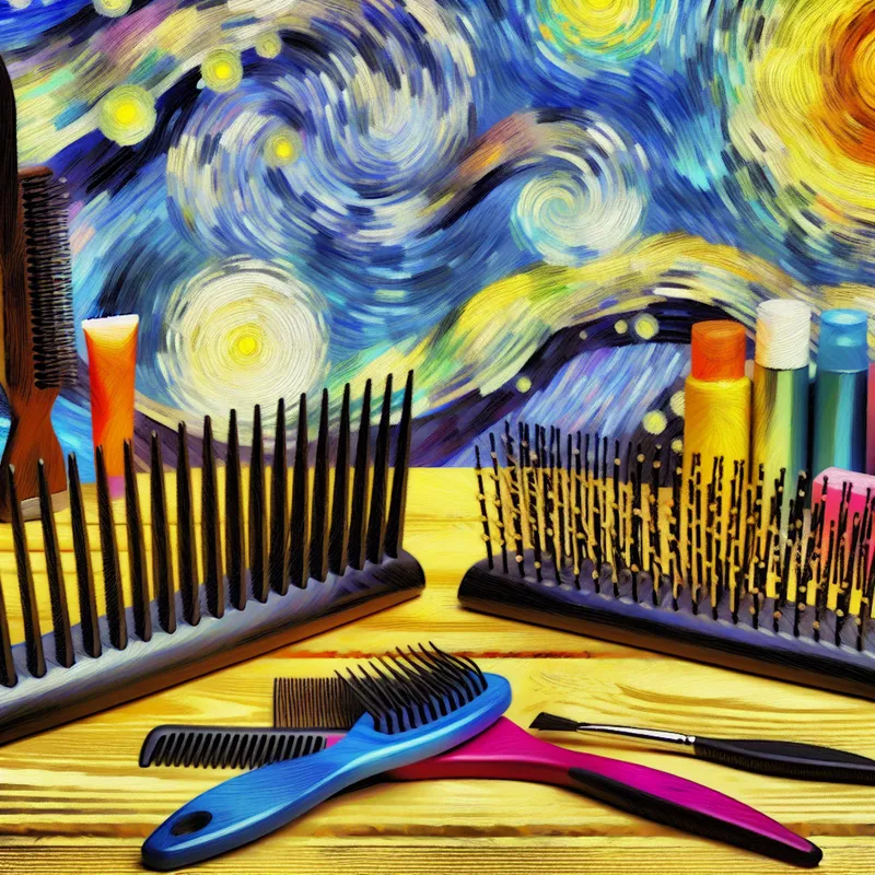 Stilleven van twee op een houten tafel liggende kammen met een levendige achtergrond, weergegeven in van Gogh-stijl.