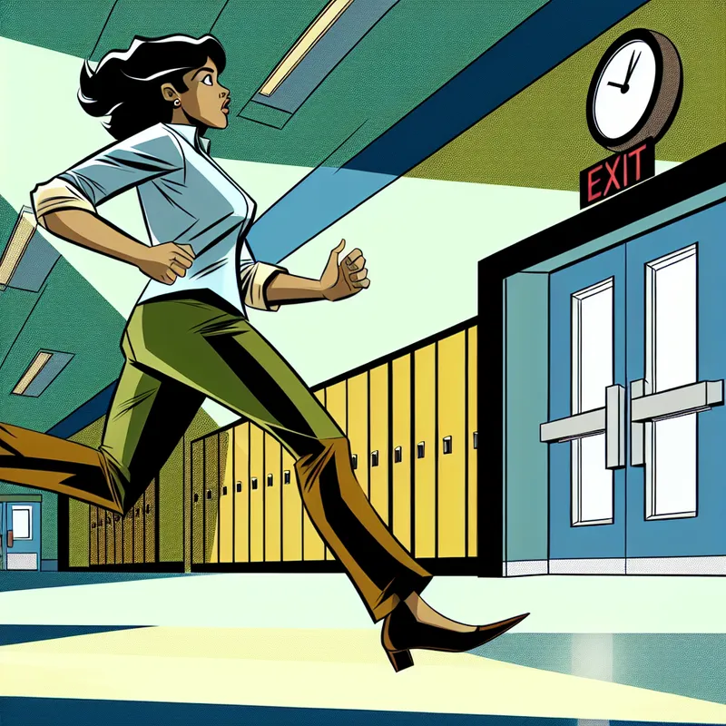 Jonge vrouw loopt haastig door schoolgang met doelgerichte blik en dynamische houding