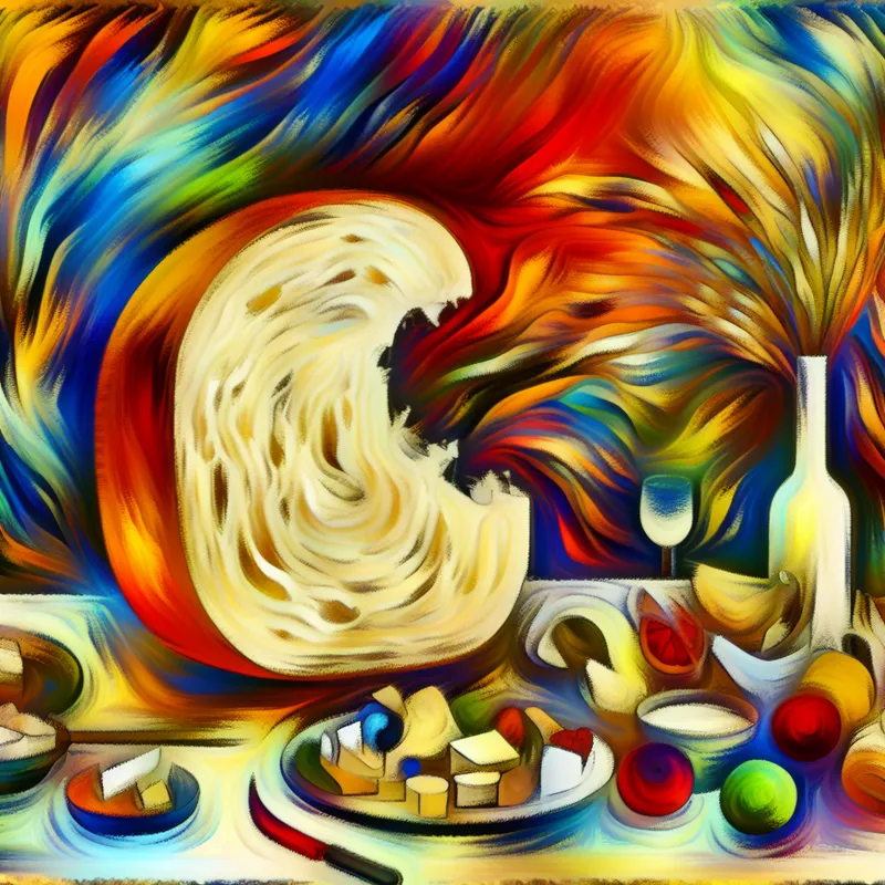 Abstracte scène met een grote, half opgegeten witbrood op een chaotische tafel vol voedsel zoals fruit, kaas en wijn, symboliserend delen en informele maaltijden.