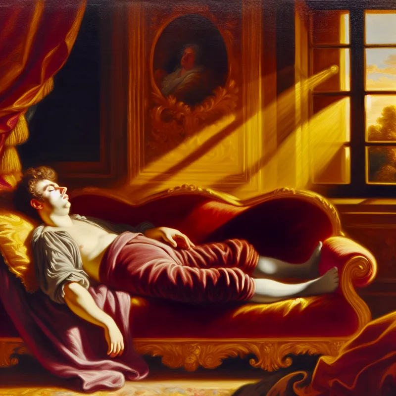 Man in halfslaap op een weelderige barokke bank in een zonovergoten kamer, met warme kleuren en een dromerige sfeer