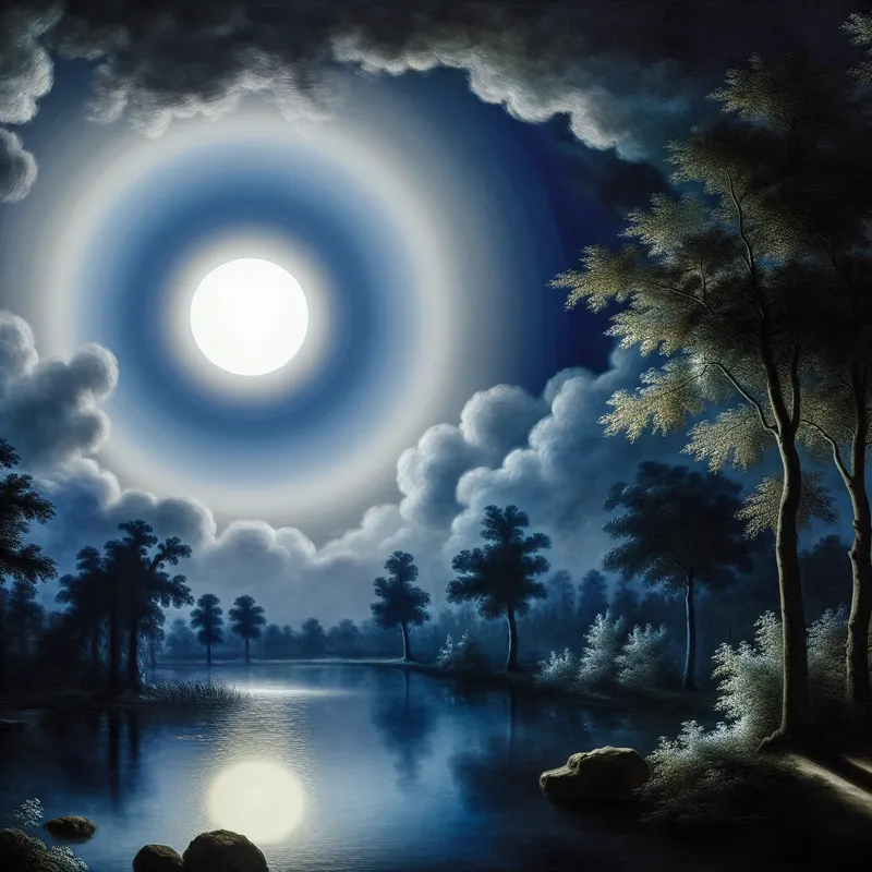 Een betoverende nachtlandschap met een halo om de volle maan, weerspiegeld in een rustig meer.