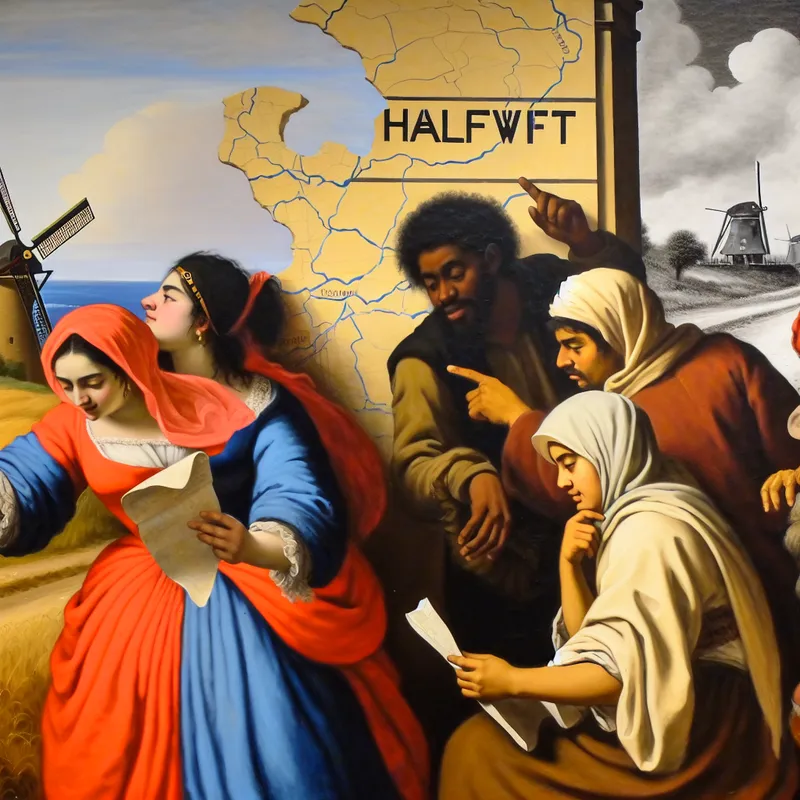 Levendige groep reizigers bij een halvewegpaal met het opschrift 'Helft', midden op hun reis tussen stad en bestemming, geschilderd in de stijl van Frans Hals