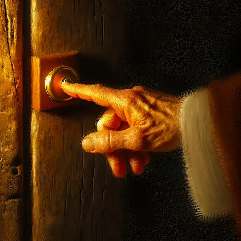 Gedetailleerde close-up van een hand die een deurbel indrukt met dramatische chiaroscuro belichting in Rembrandt-stijl