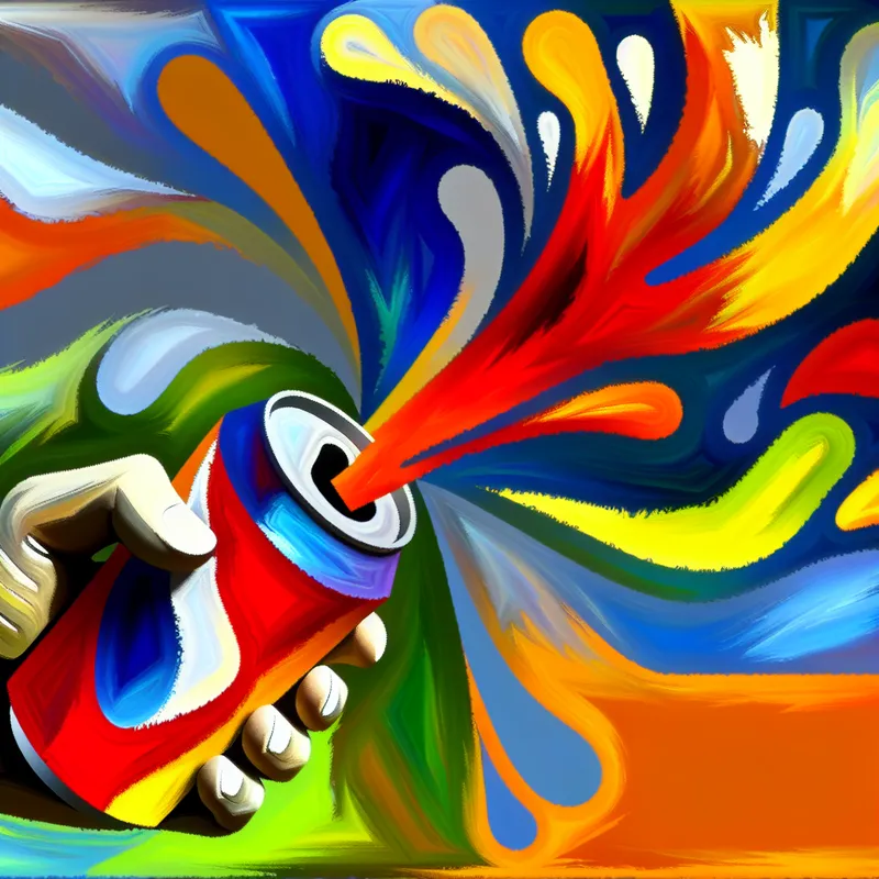 Abstracte afbeelding van een hand die krachtig een frisdrankblikje opent, met sprankelende cola die eruit spuit.