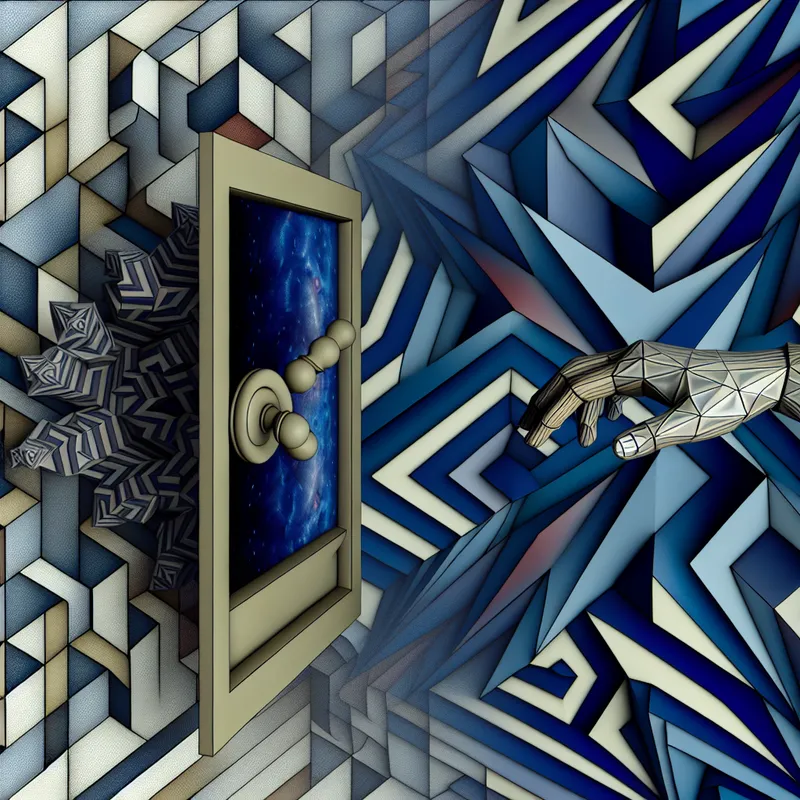 Een surrealistische weergave van een hand die op een deur klopt, omringd door geometrische patronen.