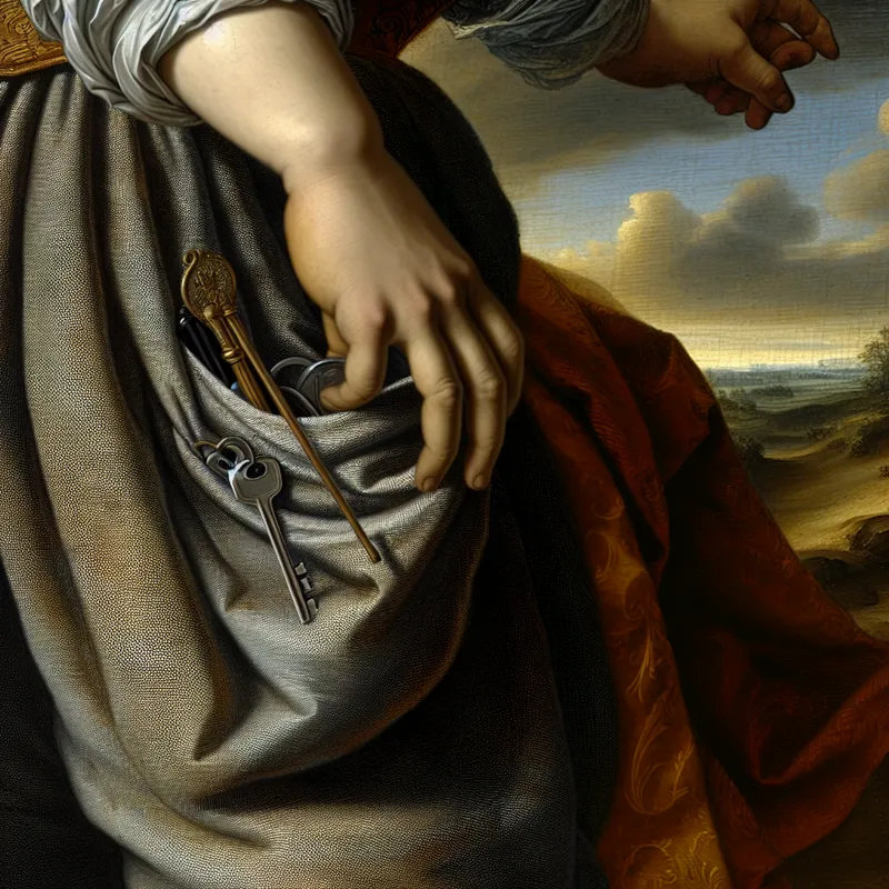 Hand die een sleutelbos in de zak van een broek stopt, realistisch geschilderd in de stijl van Jacob van Ruisdael