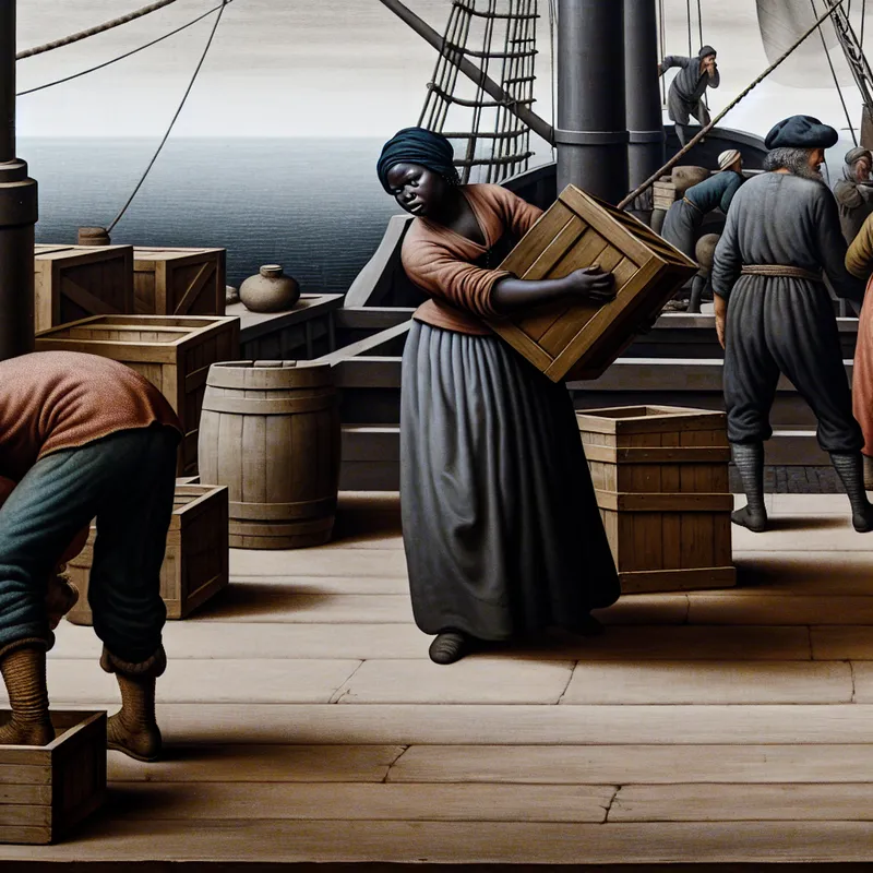 Groep arbeiders verricht handarbeid in een drukke haven, laadt en lost zware vracht van een groot schip met zichtbare inspanning en realistische details