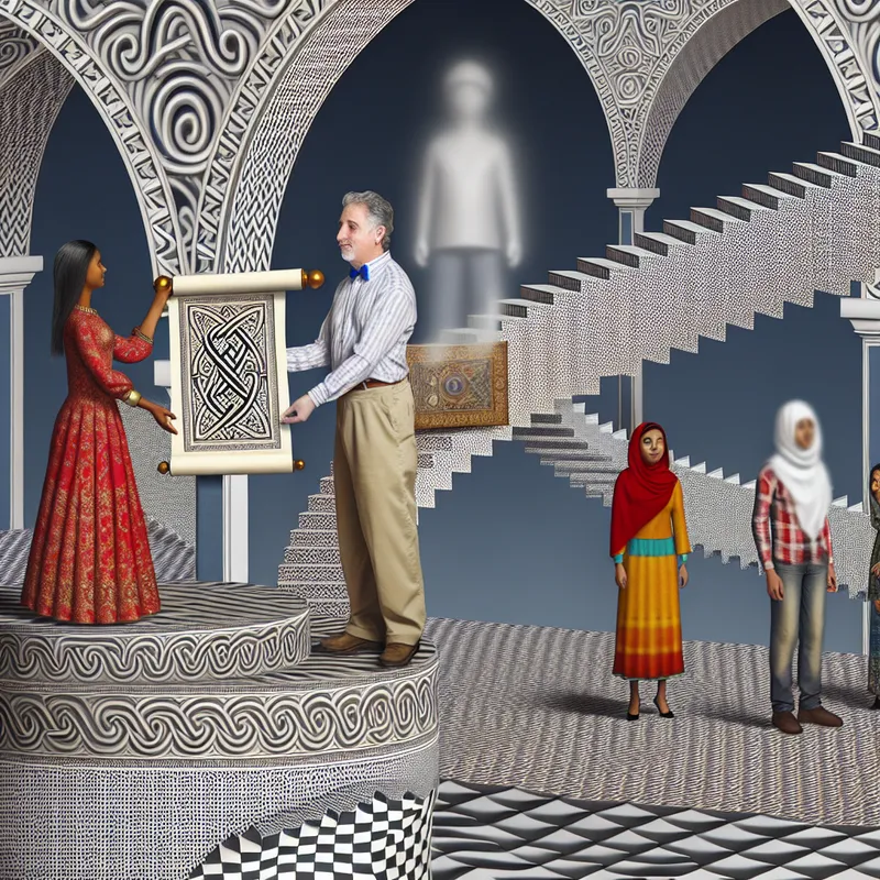 Surrealistische scène in Escher-stijl waarin iemand namens een directeur een felicitatiescroll overhandigt aan een groep mensen, met optische illusies en koninklijke motieven