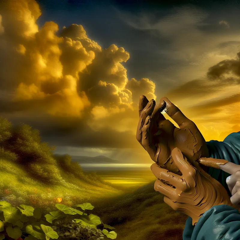 Close-up van handen bedekt met kleurrijke klei, symboliseert het concept van hechten met een dramatische lucht op de achtergrond.