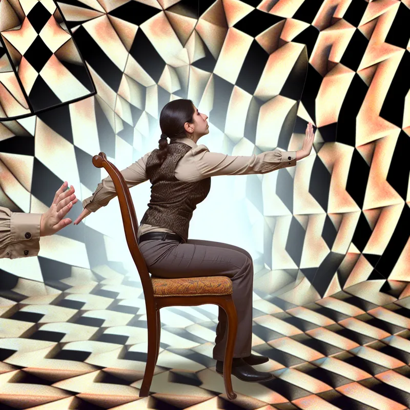 Vrouw duwt zichzelf omhoog uit een stoel met handen op armleuningen in surrealistisch Escher-stijl kunstwerk met optische illusies en geometrische patronen