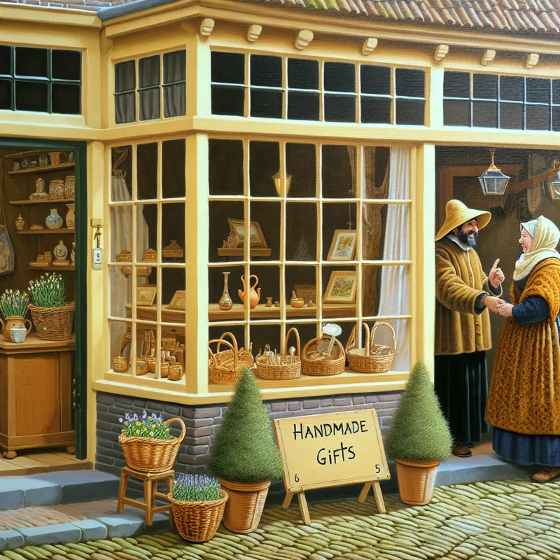 Een charmante kleine winkel met handgemaakte cadeaus, een vriendelijke winkelier en potted plants.