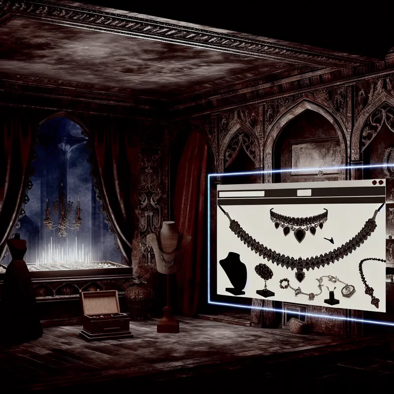 Een sfeervol, donkert lichtbeeld van een online winkel voor handgemaakt sieraden in een gotische architectuur.