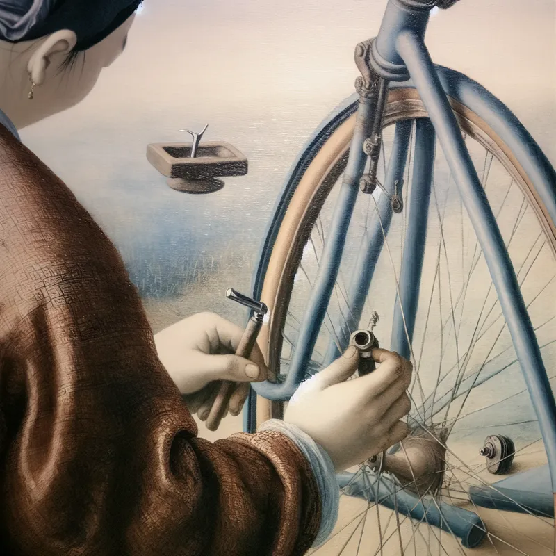 Schilderij van een persoon die met precisie en gemak een fiets repareert, ter illustratie van het begrip 'handig' in de context van efficiënt werken