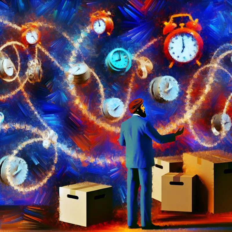 Abstracte voorstelling van een handig idee met een persoon die slimme oplossingen organiseert tussen zwevende objecten zoals klokken, dozen en gereedschap, verbonden door gloeiende lijnen