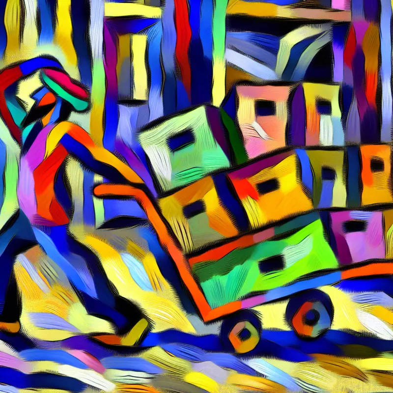 Kleurrijk abstract schilderij van een arbeider die een klein handkarretje (sleetje) met dozen duwt in een magazijn, in de stijl van Karel Appel