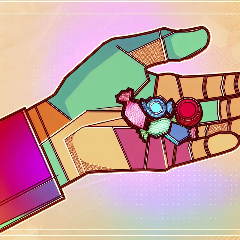 Een hand houdt een kleurrijke klomp snoepjes, symboliserend een handvol met een retro-futuristische stijl.