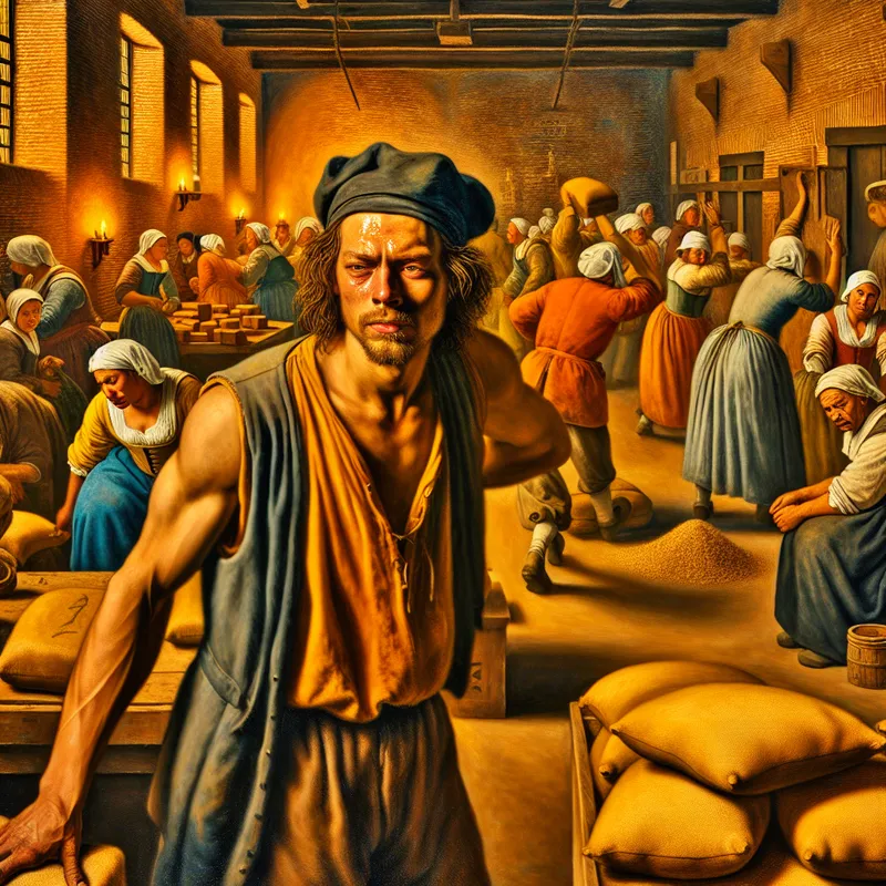 17e-eeuwse Nederlandse werkplaats met vermoeide arbeider die zware zakken draagt, illustrerend het harde en zware leven in de stijl van Jan Steen